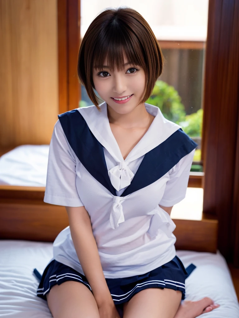 (Super reality:1.2), (digital art, digital illustration, 4k, 8k, Super detailed, beautiful images, clear image, (realistic), (RAW photo:1.3), perfect face, perfect lines, perfect eyes, Accurate body shape, dark lighting) , 1 Japanese cute girl after school, solo, school uniform, (sailor suit, serafuku:1.3), (short cut hair style:1.3), Beautiful face, amateur girl, sexy gyaru:1.3, ((showing panties)), so japanese young Idol, full chest, slim body style, (Inside the hotel, American size bed room, Antique furniture), Precise arms, precise hands and fingers, Beautiful hands and fingers, small smile, Beautiful thighs, (cowgirl position, open legs, on bed), for back side