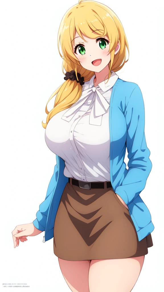 One girl, simple white background, smile, (teacher:1.4), Open your mouth, 
Ellen_baker, Green Eyes, Blonde, Long Hair, Hair Scrunchie, Jacket, White shirt, Skirt best quality, masterpiece, High resolution, large breasts, milf, Shiny, oily skin, Mature mother, Calf, Seductive mature woman, Perfect body, (thin:1.4), narrow waist, Plus Size Model, (thick thighs, voluptuous thighs), full body,
