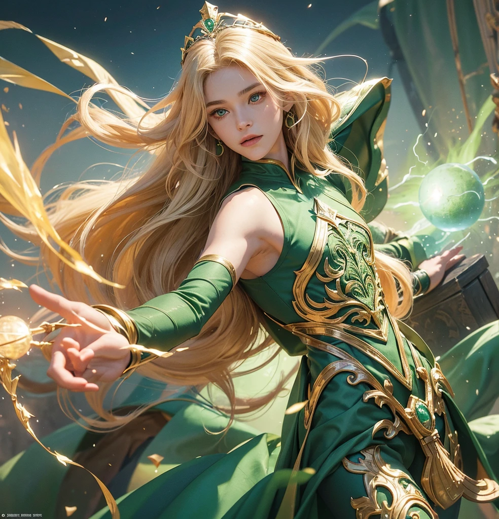 American classic comics art: Enchantress young man, very young man ethereal delicate, long bright yellow blond hair with beautiful waves, green helmet tiara on his forehead, strong-green sleeveless enchanting wizard outfit delicate, long gloves, covered neck, emerald-green fire magic energy sphere, very young face man, green eyes, tight dark green leggings, The Enchantress Marvel outfit man, classic medieval enchanting man, comic book,