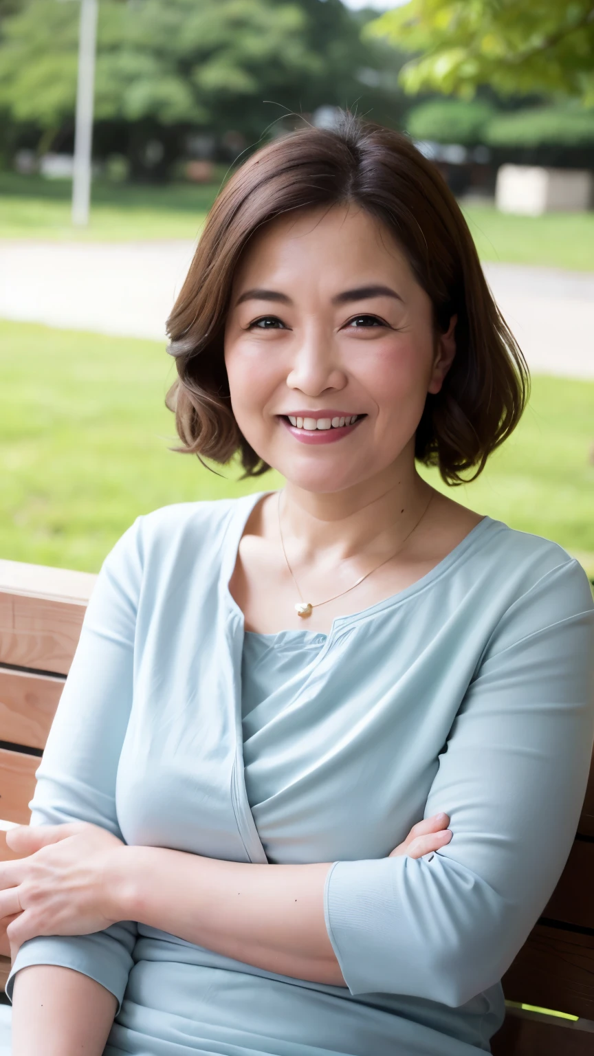 最high quality, In 8K, Masseter region, Genuine, Sharp focus, high quality, High resolution, Detailed face, fine grain, Thick lips, Background Blur, alone, Middle-aged women, , 65 years old, , Wavy Hair, Cleavage, Wearing a plain short-sleeved knit, sitting on a park bench, Wrinkles around the eyes, Smiling with teeth showing