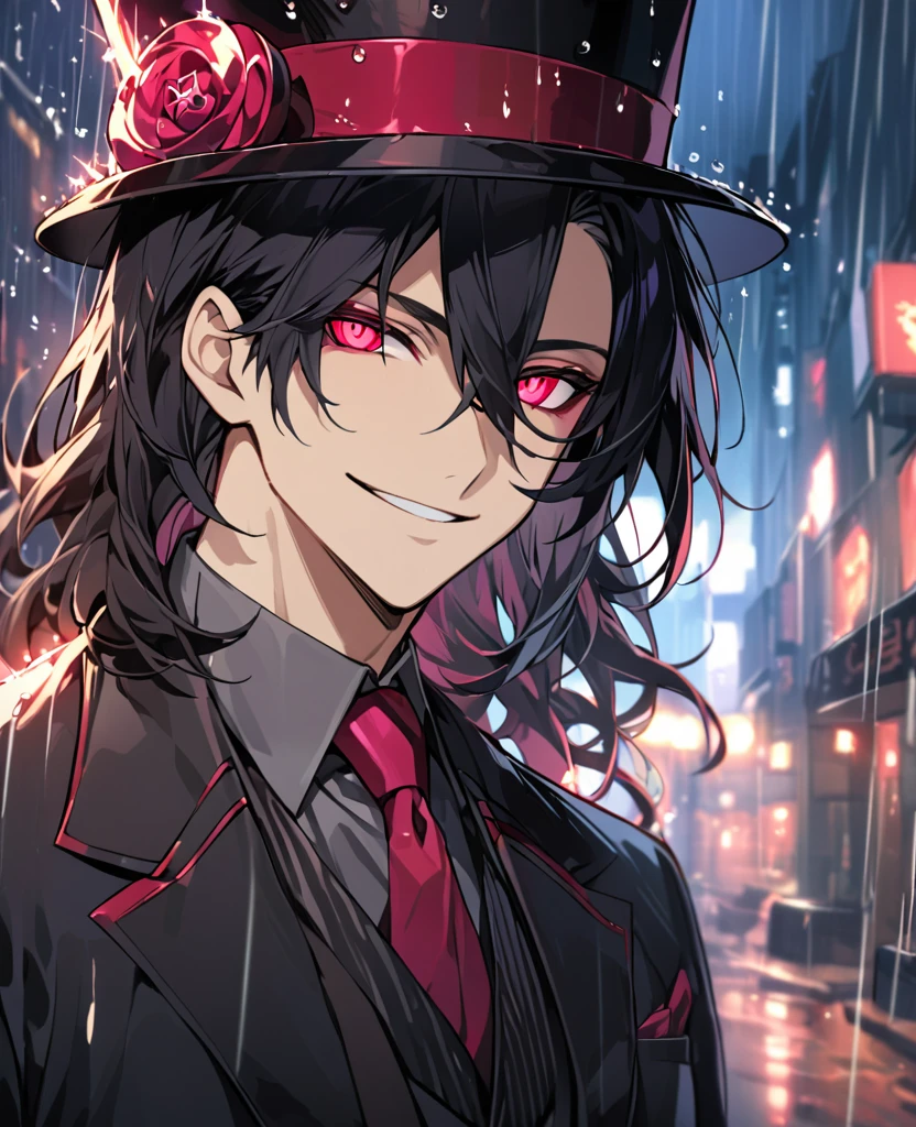 (black_hair), (deep_ruby_eyes), (detailed_eyes), (smile), (attractive), (street_background), (raining), (glowing_eyes), (male), (wearing _a_black_suit), (long_male_hair), (detailed_Hair), (detailed), (detailed_mouth), (top_hat), (close_up), (adult)