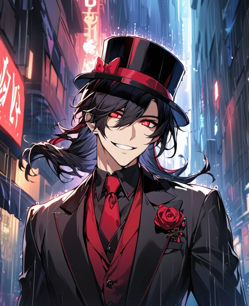 (black_hair), (deep_ruby_eyes), (detailed_eyes), (smile), (attractive), (street_background), (raining), (glowing_eyes), (male), (wearing _a_black_suit), (long_male_hair), (detailed_Hair), (detailed), (detailed_mouth), (top_hat), (close_up), (adult)