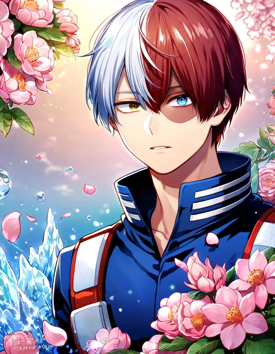 Ultra detailed, highres, absurdres, HDR, master piece, Todoroki Shouto, bicolor hair, right side is white, left side is red, heterochromia, right eye is grey, left eye is blue, Boku No Hero Academia, fantasy, pink petals, water, pink flowers, handsome, sexy man, solo, best quality, blossoms, blue shining fireflies, blue clothes, ice and fire, magical,