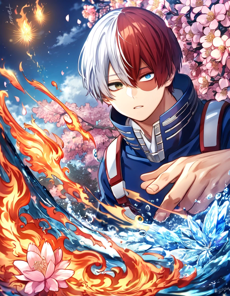 Ultra detailed, highres, absurdres, HDR, master piece, Todoroki Shouto, bicolor hair, right side is white, left side is red, heterochromia, right eye is grey, left eye is blue, Boku No Hero Academia, fantasy, pink petals, water, pink flowers, handsome, sexy man, solo, best quality, blossoms, blue shining fireflies, blue clothes, ice and fire, magical, 