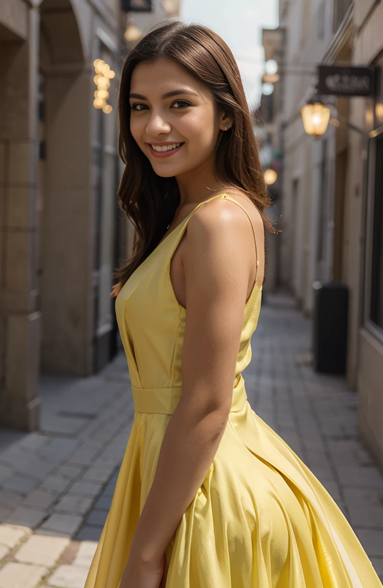 a girl wearing a yellow gown and possing ,face only super smile ,looks happy,fassion modelling,lights,lights effect