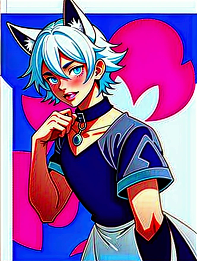 young male teenager, white hair, blue eyes, crossdress, wearing a dog collar, dog ears, sticking tongue out, embarassed, prince dress