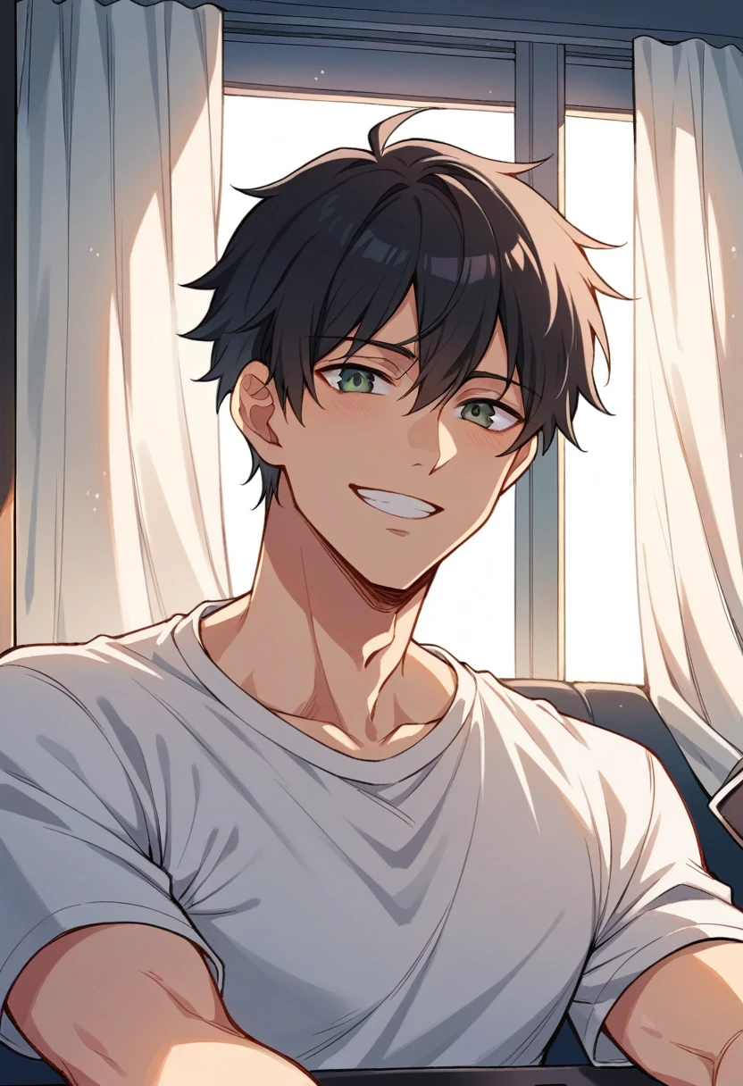 The morning sun shining through the open window, Light green curtains fluttering in the breeze, Short black hair, smile, High detail, Anime Style, Ray Tracing, Cinema Lighting, Chiaroscuro, Symmetric, First Person View, male (1.4), girl (1), smile (1.3), Short black hair (1.2), Highest quality, 8K.