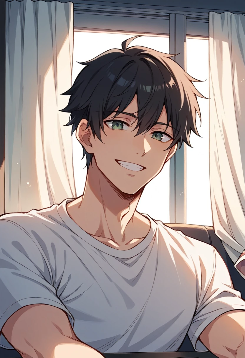 The morning sun shining through the open window, Light green curtains fluttering in the breeze, Short black hair, smile, High detail, Anime Style, Ray Tracing, Cinema Lighting, Chiaroscuro, Symmetric, First Person View, male (1.4), girl (1), smile (1.3), Short black hair (1.2), Highest quality, 8K.