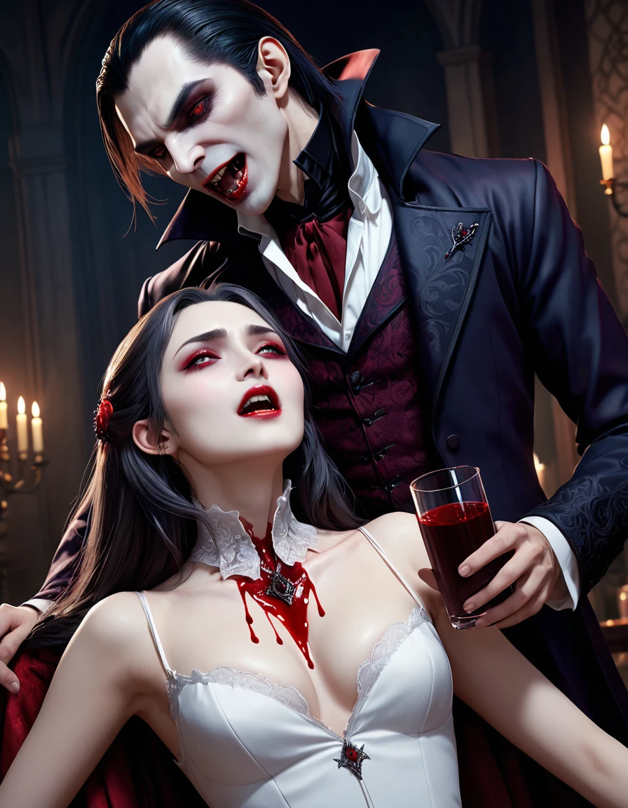 high quality 8k resolution, detailed and haunting, best quality, masterpiece, photorealistic, ultra-detailed, vampire, male, full body, anime, rich, drinking blood from woman neck