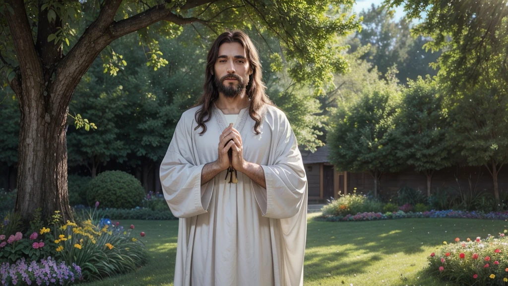 Title: "The Kindness of Christ among the Flowers"

Description:
Create an image of Jesus Christ with a kind and compassionate expression, Surrounded by a serene backdrop of flowers. He should be portrayed looking softly at the viewer, transmitting peace and welcome.

Environment and Composition:
The background of the image must consist of a lush garden, with several colorful flowers around Jesus. Soft sunlight filtering through trees or clouds creates an atmosphere of tranquility and serenity.

Important Details:

Jesus Christ with brown hair and beard, dressed in simple and traditional clothes.
Facial expression that radiates compassion and kindness.
The flowers in the scene should be varied, representing the beauty and diversity of creation.
Feeling to convey:
The image should evoke a feeling of spiritual comfort and closeness to Christ, that is present in the midst of nature and its creation, offering love and hope to everyone.

