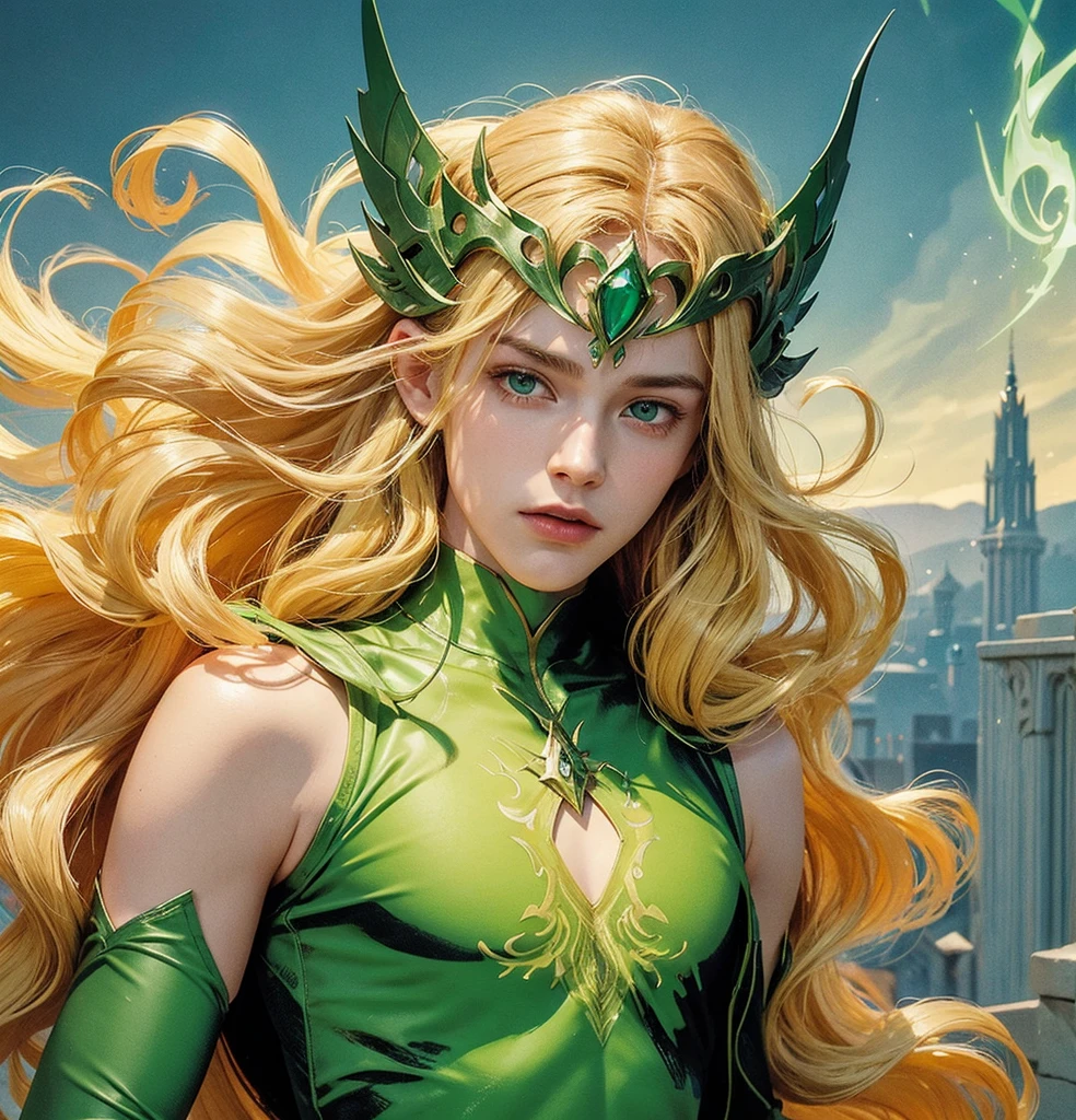 American classic comics art: Enchantress young man, very young man ethereal delicate, long bright yellow blond hair with beautiful waves, green helmet tiara on his forehead, strong-green sleeveless enchanting wizard outfit delicate, long gloves, covered neck, emerald-green fire magic energy sphere, very young face man, green eyes, tight dark green leggings, The Enchantress Marvel outfit man, classic medieval enchanting man, comic book, 