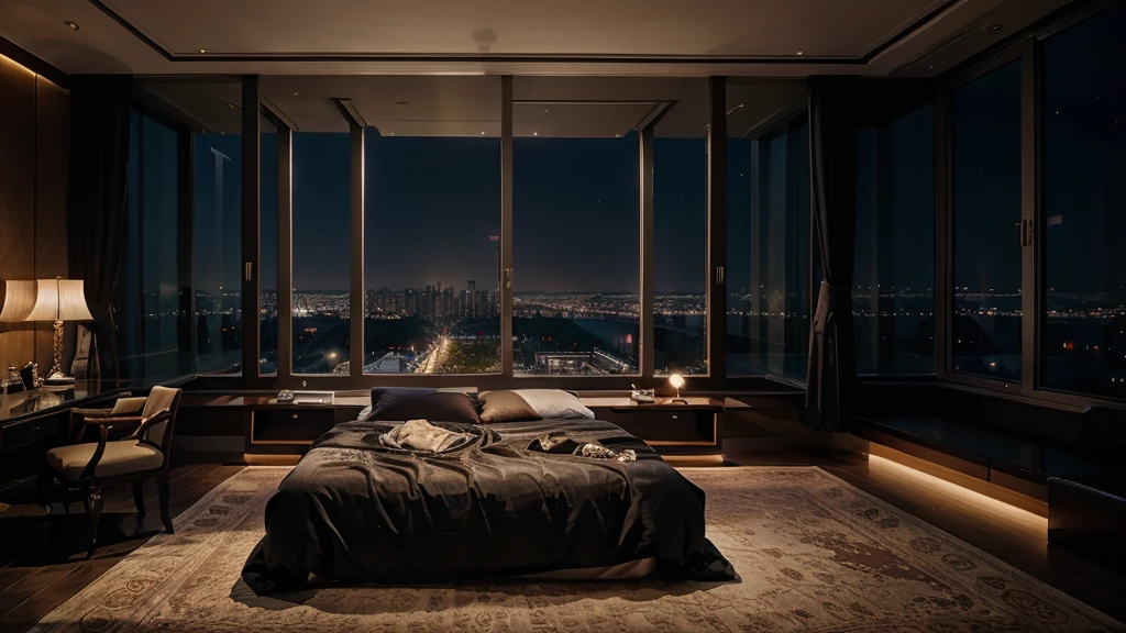 luxury bedroom night city view from a large windows