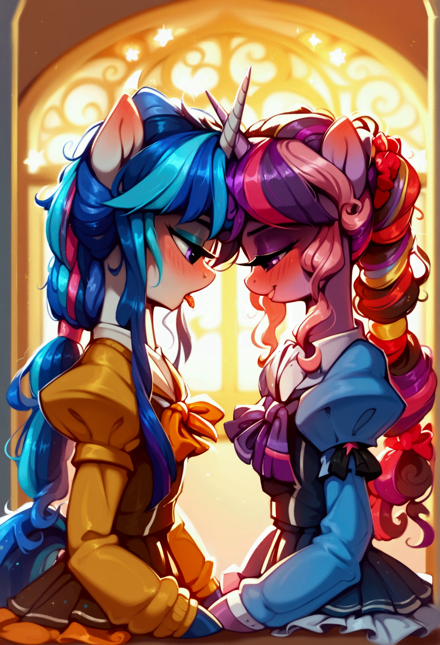 score_9,score_8_up,score_7_up,score_6_up, ((my little pony)), ((school dress:1.6)), blush, eyeshadow, long eyelids, kiss with drools, duet, lot of bows, pussy after sex, patterned stockings, seductive perky big butt, behind view, ((shining armor)), ((twilight sparkle)), radiant lighting, vibrant colors, whimsical atmosphere, 8K, high resolution, highly detailed, masterpiece