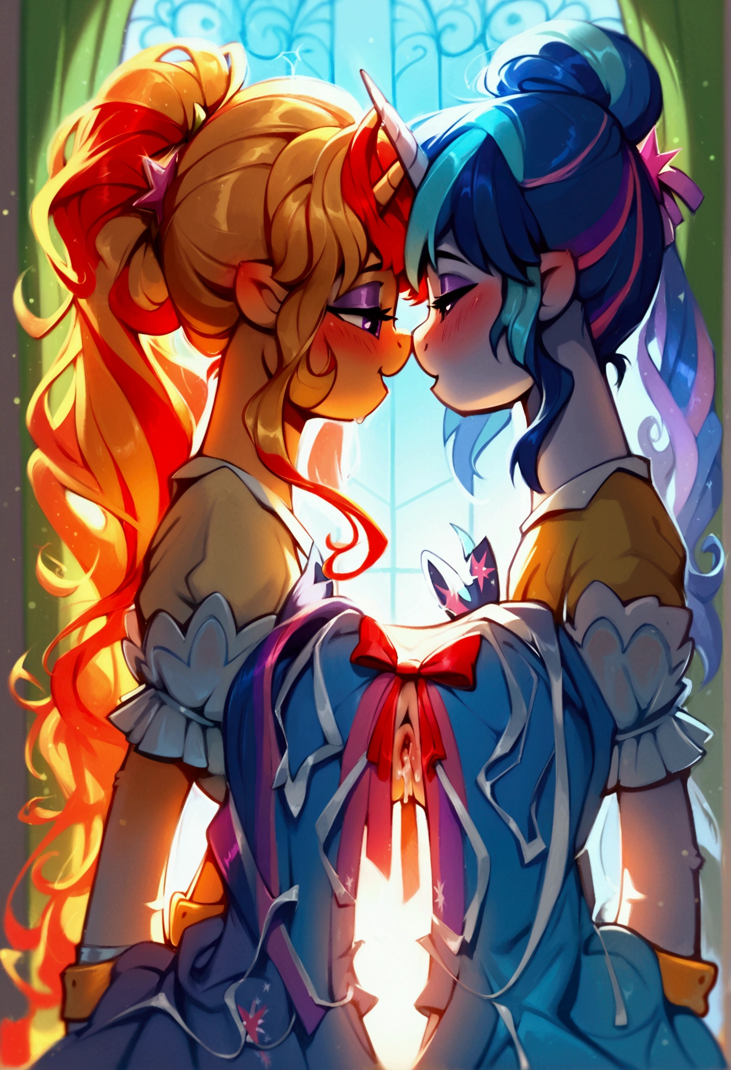 score_9,score_8_up,score_7_up,score_6_up, ((my little pony)), ((school dress:1.6)), blush, eyeshadow, long eyelids, kiss with drools, duet, lot of bows, pussy after sex, patterned stockings, seductive perky big butt, behind view, ((shining armor)), ((twilight sparkle)), radiant lighting, vibrant colors, whimsical atmosphere, 8K, high resolution, highly detailed, masterpiece