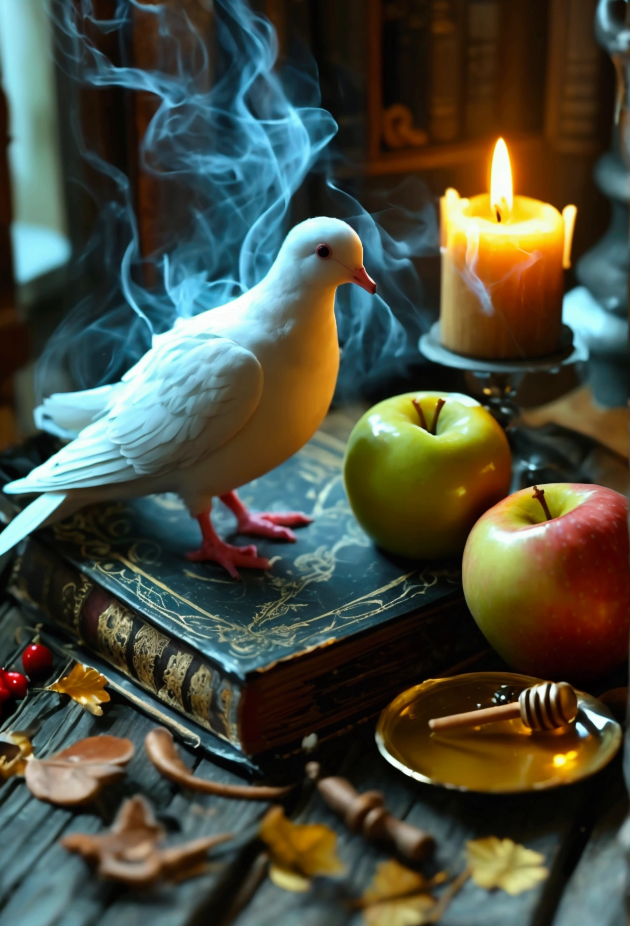 magical and mysterious, The mysterious book, witchcraft and sorcery, Magic and magic, wood desk, occult alchemy, Demonology and Mysticism, smoke, Grimoire, Personagens, Stay flat, vertically, It's scary, sparks, candle light, black art, a plate with an apple on top and honey on top of the candle, candles around, um ritual para cute dove, cute dove, uma imagem estatua de cute dove