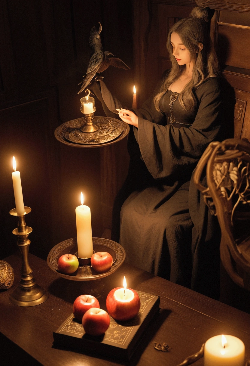magical and mysterious, The mysterious book, witchcraft and sorcery, Magic and magic, wood desk, occult alchemy, Demonology and Mysticism, smoke, Grimoire, Personagens, Stay flat, vertically, It's scary, sparks, candle light, black art, a plate with an apple on top and honey on top of the candle, candles around, um ritual para cute dove, cute dove, uma imagem estatua de cute dove