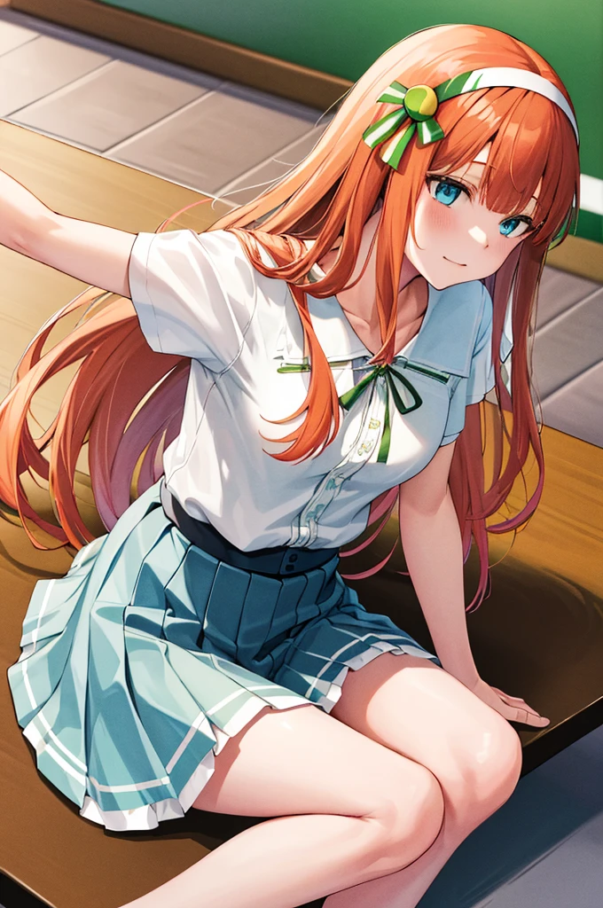 masterpiece, best quality, highres, ccsuzuka, long hair, white hairband,white shirt, green ribbon, short sleeves, blue skirt, black pantyhose,(vaginal,sex,woman on top1.8)
