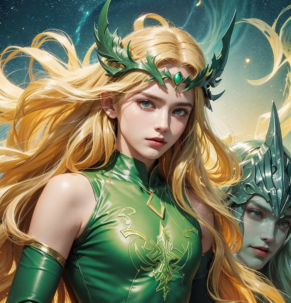 American classic comics art: Enchantress young man, very young man ethereal delicate, long bright yellow blond hair with beautiful waves, green helmet tiara on his forehead, strong-green sleeveless enchanting wizard outfit delicate, long gloves, covered neck, emerald-green fire magic energy sphere, very young face man, green eyes, tight dark green leggings, The Enchantress Marvel outfit man, classic medieval enchanting man, comic book, 