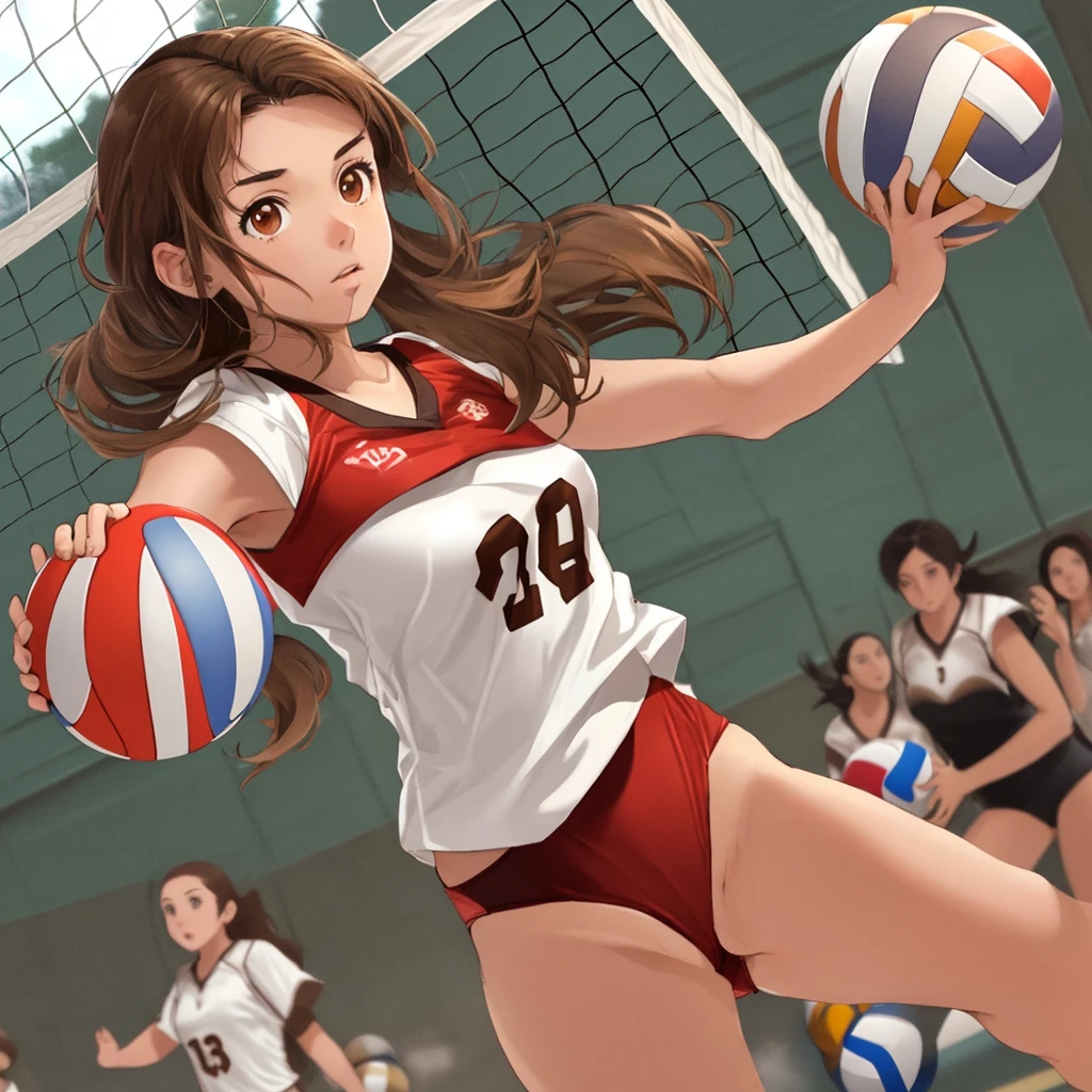 arafed asian woman in a red and white volleyball uniform posing for a picture, wearing a volleyball jersey, Nishimiya Shoko, volleyball, sakimichan hdri, Chiho, sporty, kiyoko suzuki, Chiho ashima, nico tanigawa, Japanese Model,