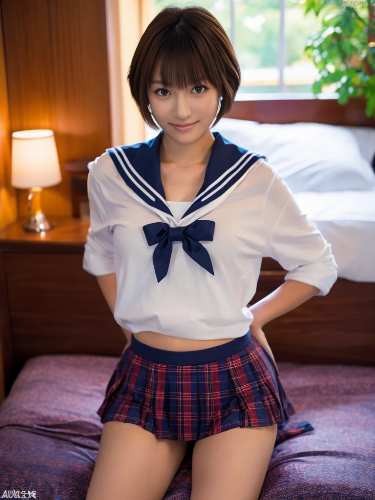 (Super reality:1.2), (digital art, digital illustration, 4k, 8k, Super detailed, beautiful images, clear image, (realistic), (RAW photo:1.3), perfect face, perfect lines, perfect eyes, Accurate body shape, dark lighting) , 1 Japanese cute girl after school, solo, school uniform, (sailor suit, serafuku:1.3), (short cut hair style:1.3), Beautiful face, amateur girl, sexy gyaru:1.3, ((showing panties)), so japanese young Idol, full chest, slim body style, (Inside the hotel, American size bed room, Antique furniture), Precise arms, precise hands and fingers, Beautiful hands and fingers, small smile, Beautiful thighs, (cowgirl position, open legs, on bed), from back side