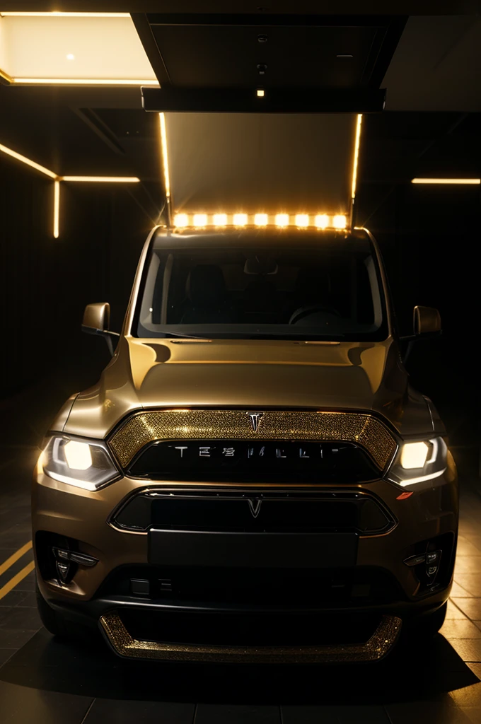 Tesla truck with gold diamonds glasses , 4:3, photo 12k resolution hash flash lighting, shot on ALEXA 65, Velvia 100 , underexposed, Voigtlnder Nokton 50mm f1.1, in the style of Martin Nikon Z 8 with Zoom Lens | with 24-120mm