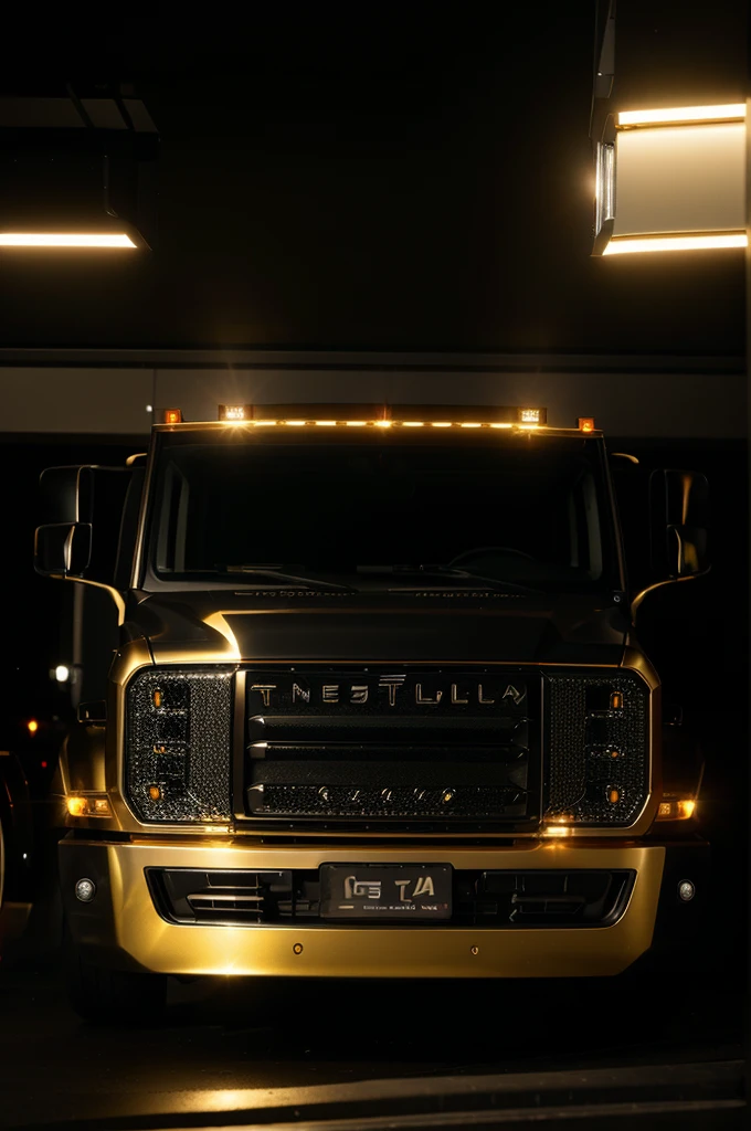 Tesla truck with gold diamonds glasses , 4:3, photo 12k resolution hash flash lighting, shot on ALEXA 65, Velvia 100 , underexposed, Voigtlnder Nokton 50mm f1.1, in the style of Martin Nikon Z 8 with Zoom Lens | with 24-120mm