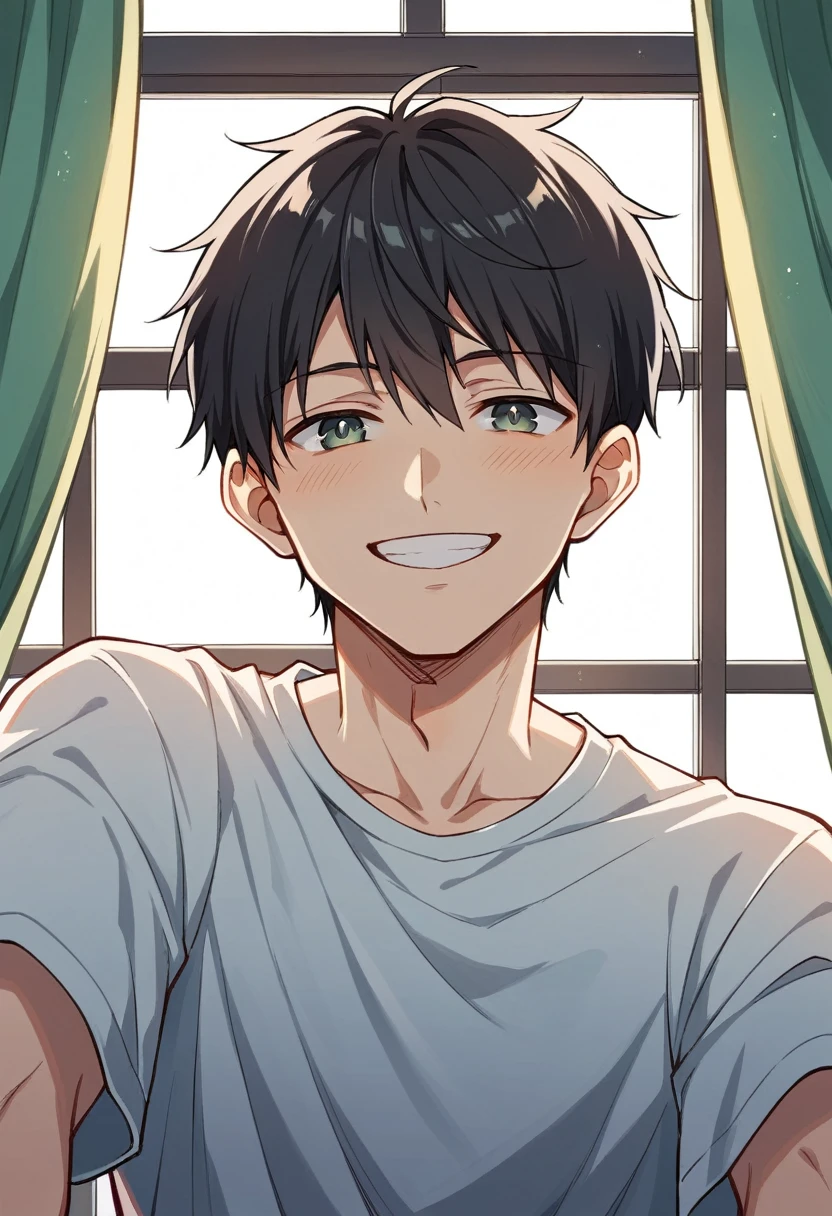 The morning sun shining through the open window, Light green curtains fluttering in the breeze, Short black hair, smile, High detail, Anime Style, Ray Tracing, Cinema Lighting, Chiaroscuro, Symmetric, First Person View, male (1.4), girl (1), smile (1.3), Short black hair (1.2), Highest quality, 8K.