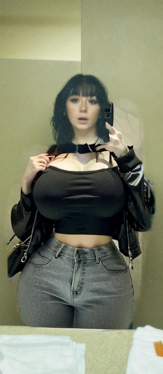 arafed woman taking a selfie in a mirror with a cell phone, with pale skin, she looks like a mix of grimes, goth girl aesthetic, 1 7 - year - old goth girl, looks like a mix of grimes, goth aesthetic, pale goth beauty, looks a blend of grimes, very very very pale white skin, resembling a mix of grimes, Big , huge , no clothes, sexy, cute, wide hips, thick thighs, pear-shaped body, minimal clothes, thick, bbw, chubby stomach, thick nipples, nipple piercings, large areola, hard nipples, piercing through shirt, nipples hard through shirt, busty, major cleavage, naked, ripping through top, spilling over sides, bra too tight, giant , dominatrix, dominatrix clothes, revealing clothes, ass so fat you can see it from the front