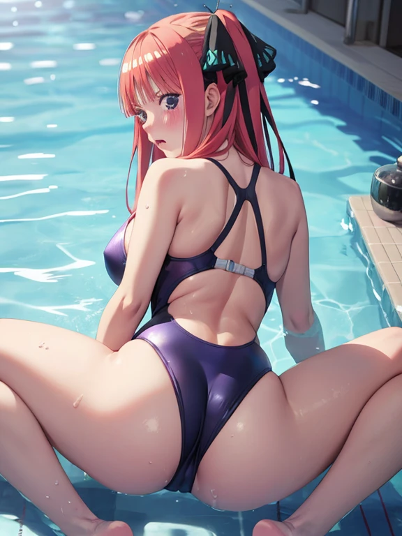 best quality, insanely detailed, nino nakano, one piece swimsuit, , blush, Spread ing pool, back style