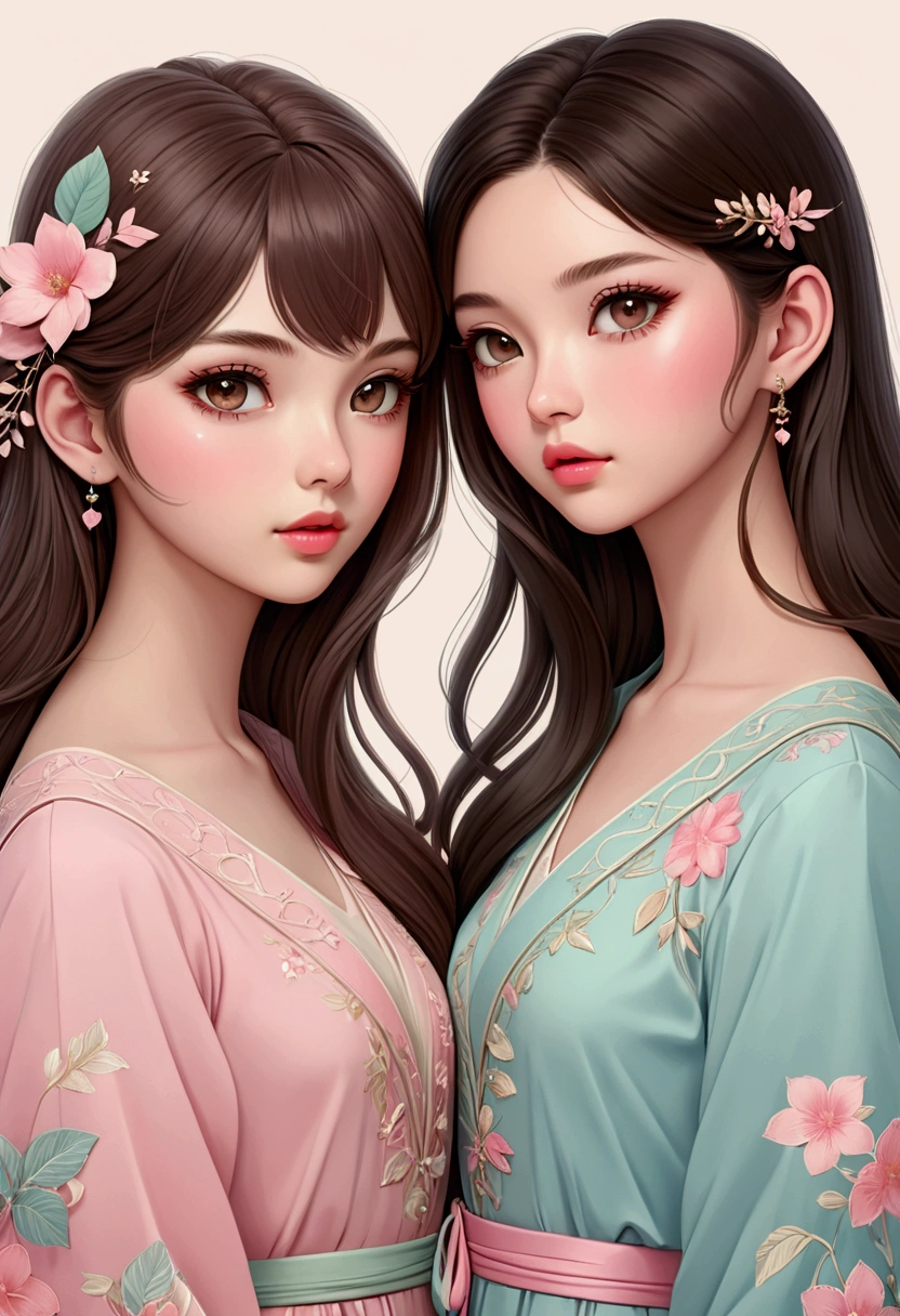TWO beautiful young Sarak Kay style girls in love. One with semi-long brown hair and pastel tones, pink lips, delicate British features, and the other with long dark hair in pastel, with delicate Asian features, illustration, 3d render, photography, realistic, anime, sticker, poster, fashion, photography portrait