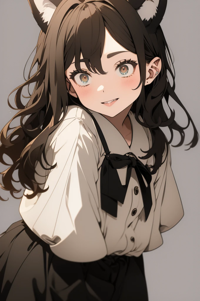 Wolf demi-human, girl with brown hair and white ears and tail, greenish eyes, sharp jaws