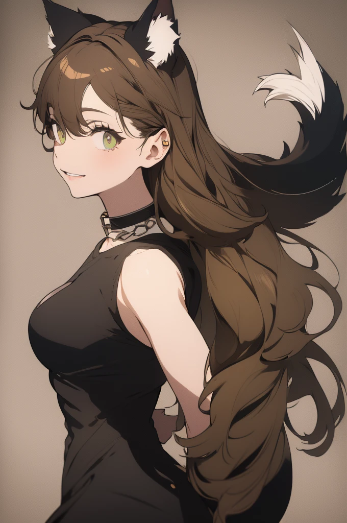 Wolf demi-human, girl with brown hair and white ears and tail, greenish eyes, sharp jaws