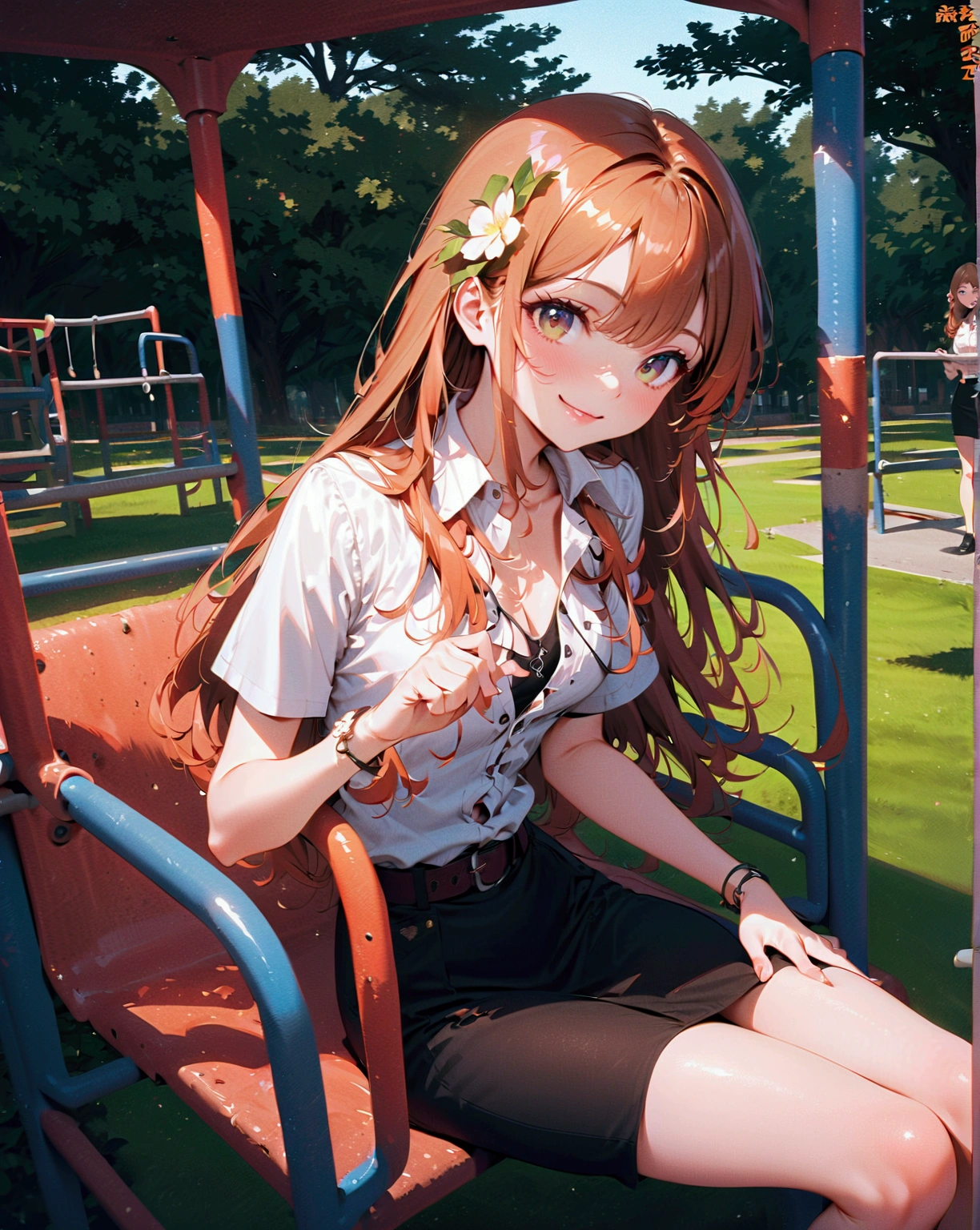 anime illustration of a Thai young college student woman with long orange brown hair. She sitting and smiling on a playground, longeyelashes, flower in her hair,park,playground, {she wearing white short sleeve shirt, collared buttondown shirt, unbuttoned top shirt, black pencil skirt with belt}