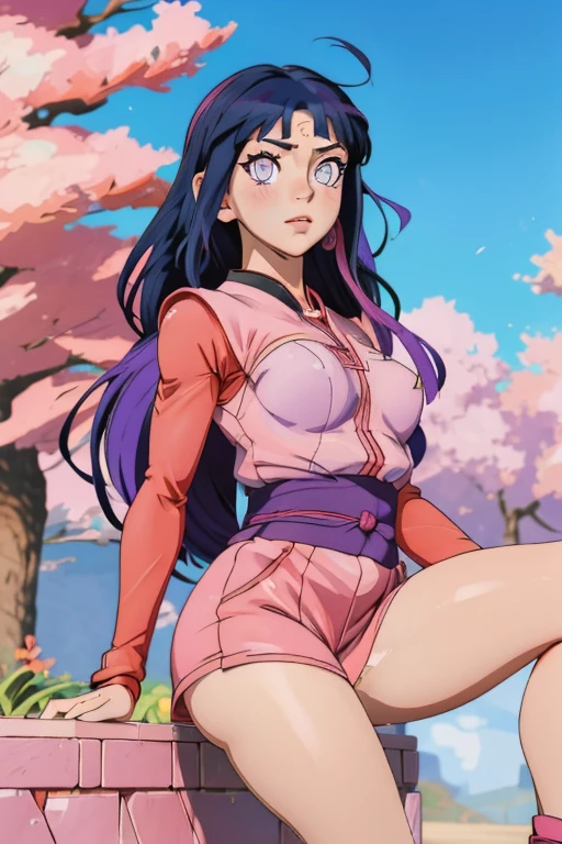 Hinata character from the anime Naruto,Hinata naked, sexy with legs open showing her beautiful breasts and her beautiful pink pussy.