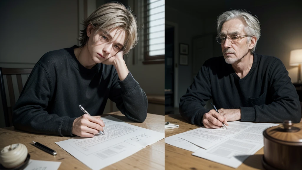 "Create a miniature divided vertically into two parts, representing the duality of two poets with contrasting styles:

Left side:

Main Image: An elderly and serene poet, with gray hair and eyes full of wisdom.
Context: He is sitting by a lake at dusk, with white lilies in the background.
Details: A shiny parchment in your hands, from which soft, vibrant colors emanate.
Right side:

Main Image: A young poet with a dark and thoughtful expression.
Context: He is in a dark, poorly lit room, with a black notebook in his hands.
Details: Distorted shadows around, creating a contrast with the left side.