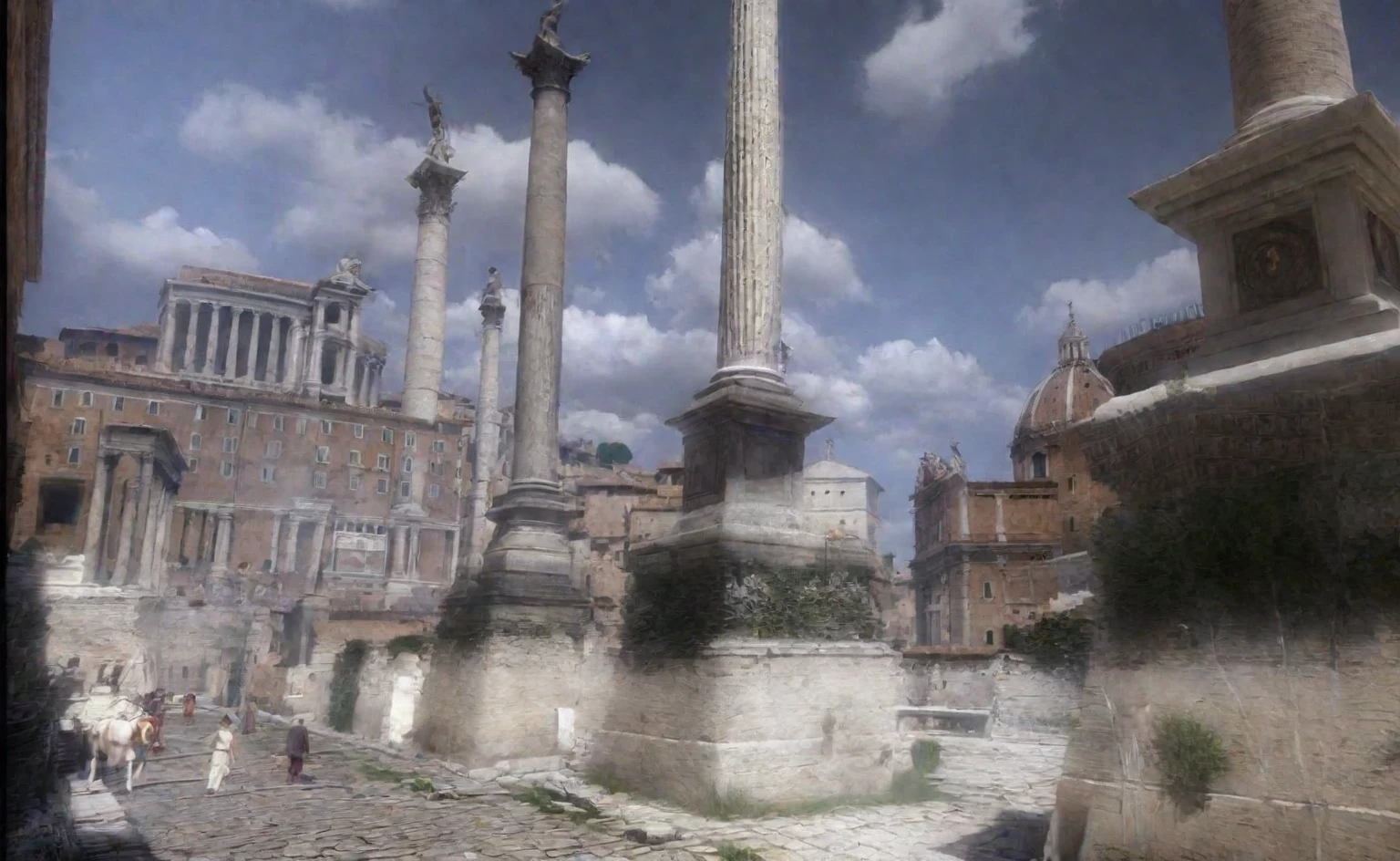 arafed view of a city with a lot of buildings and a clock tower, roman city, rome, ancient rome, rome in background, eternal city, roma, roman monuments, ancient roman setting, rome backdrop, roman historic works, market in ancient rome, old roman style, colosseo, city ruins in the background, ancient roman style, view from slightly above