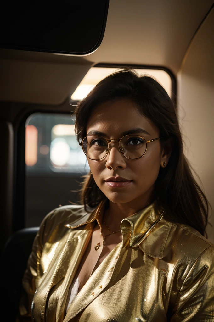 Tesla truck with gold diamonds glasses , 4:3, photo 12k resolution hash flash lighting, shot on ALEXA 65, Velvia 100 , underexposed, Voigtlnder Nokton 50mm f1.1, in the style of Martin Nikon Z 8 with Zoom Lens | with 24-120mm