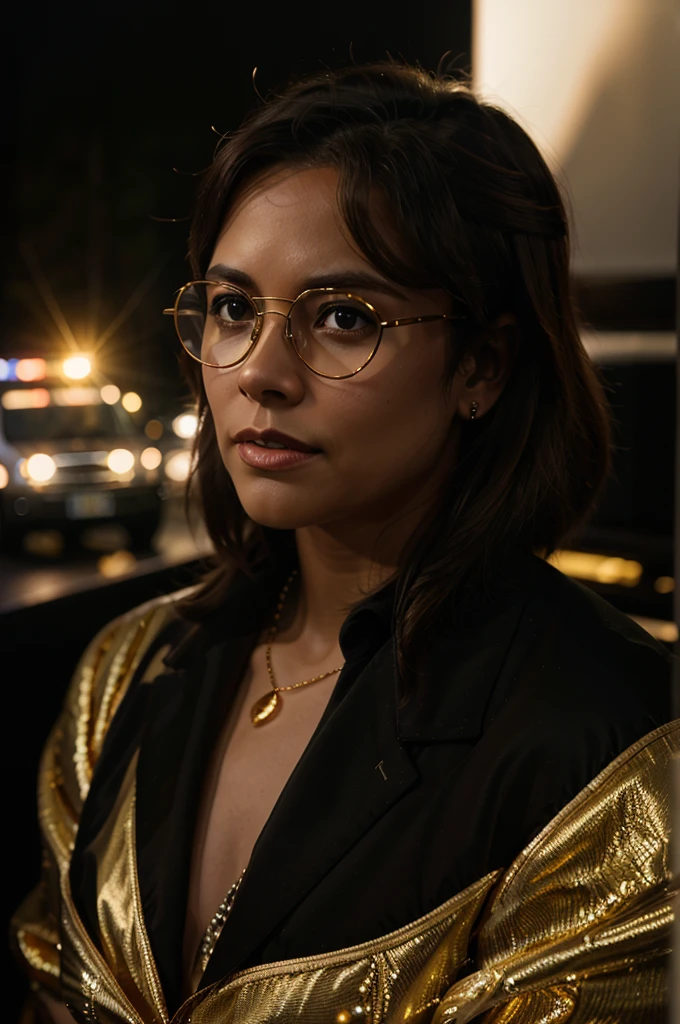 Photograph of a well dressed female aroused hyperrealist by David Hockney and Alphonse Mucha, photorealistic, dynamic lighting, art station, poster, volumetric lighting, highly detailed face, 4k, award-winning, 1 woman, darkness, deep shadows, low key, portrait, bob hair, yellow and Purple mixed hair, glasses, Big breasts, looking straight at the viewer, (fractal pattern in the background:1.2), Beautiful Evening Dress