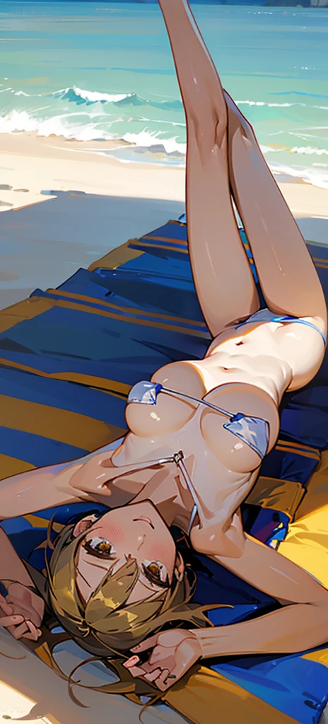 A beautiful skinny woman with thin skinny arms , thin skinny legs and thin waist, huge breast ,lying on back on beach in micro bikini taking sun tan