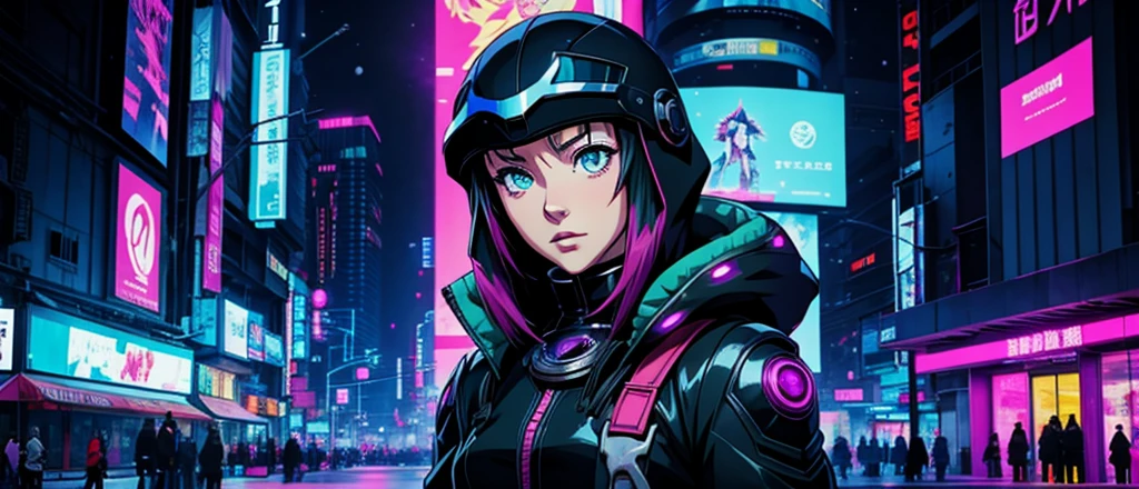 anime girl, front photo, Anime Phonk Brain Sick, cyberpunk black, head, winter clothes, futurist, Vibrant, mysterio