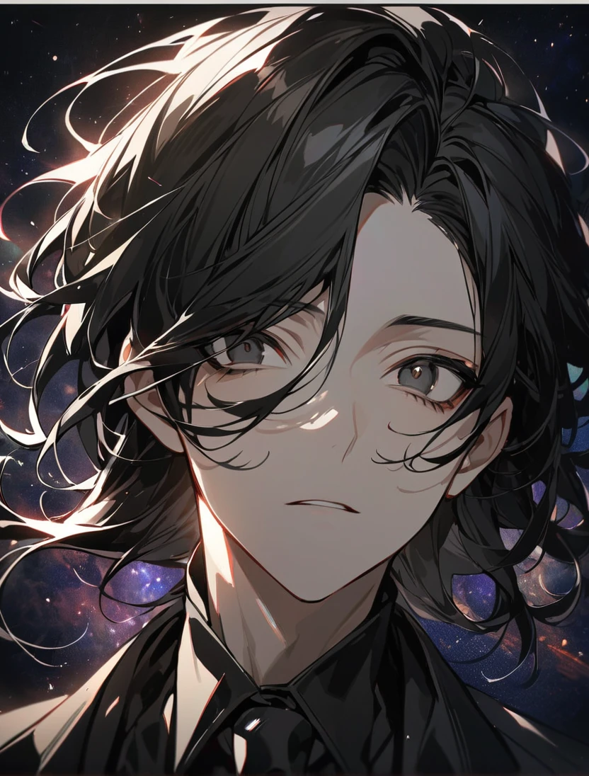 (black_hair), (long_male_hair), (deep_black_eyes), (high_detailed_eyes), (attractive), (emotionless), (Deep_space_background), (male), (wearing _a_black_suit), (long_male_hair), (detailed_Hair), (detailed), (detailed_mouth), (close_up), (vertical_slit_pupils)