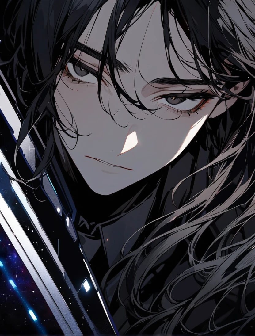 (black_hair), (long_male_hair), (deep_black_eyes), (high_detailed_eyes), (attractive), (emotionless), (Deep_space_background), (male), (wearing _a_black_suit), (long_male_hair), (detailed_Hair), (detailed), (detailed_mouth), (close_up), (vertical_slit_pupils)