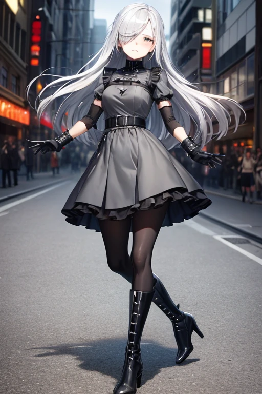 ((best quality)), ((masterpiece)), (detailed), 1 girl, Full body, 18 years old, Depressed face, Silver eyes, Arms outstretched, Arms behind waist, Metal covering her eyes, Blushing, Silver hair, Straight hair, Bangs, strand of hair covering her eye, Full body, Medium breasts, Slim body, Metal spikes, Grey wristbands, Long black gloves with spikes, Grey goth outfit, Gothic lolita, Grey dress with metal spikes, Metal emblem, Somewhat tight, Black belt, Metal legs, Black pantyhose, Black boots, Walking through the city, City background, Anime