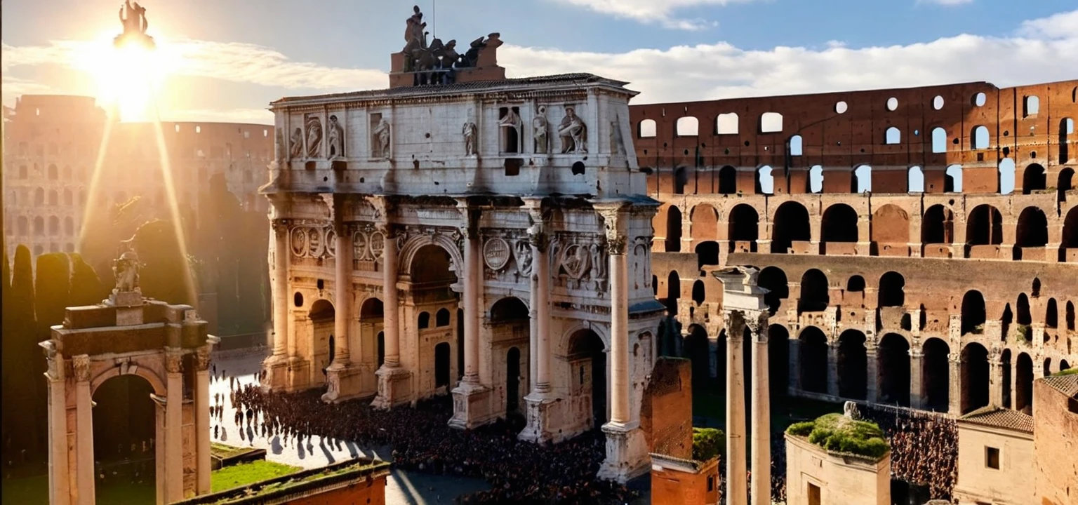 arafed view of a large building with a clock tower in the middle of it, by Tom Wänerstrand, colosseo, massive arch, rome backdrop, in a city with a rich history, 🪔 🎨;🌞🌄, rome in background, by Romano Vio, colosseum, eternal city, rome, ancient rome, by Pogus Caesar