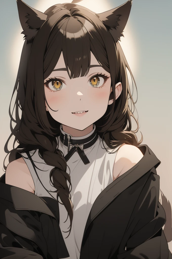 Wolf demi-human, girl with brown hair and white ears and tail, greenish eyes, sharp jaws