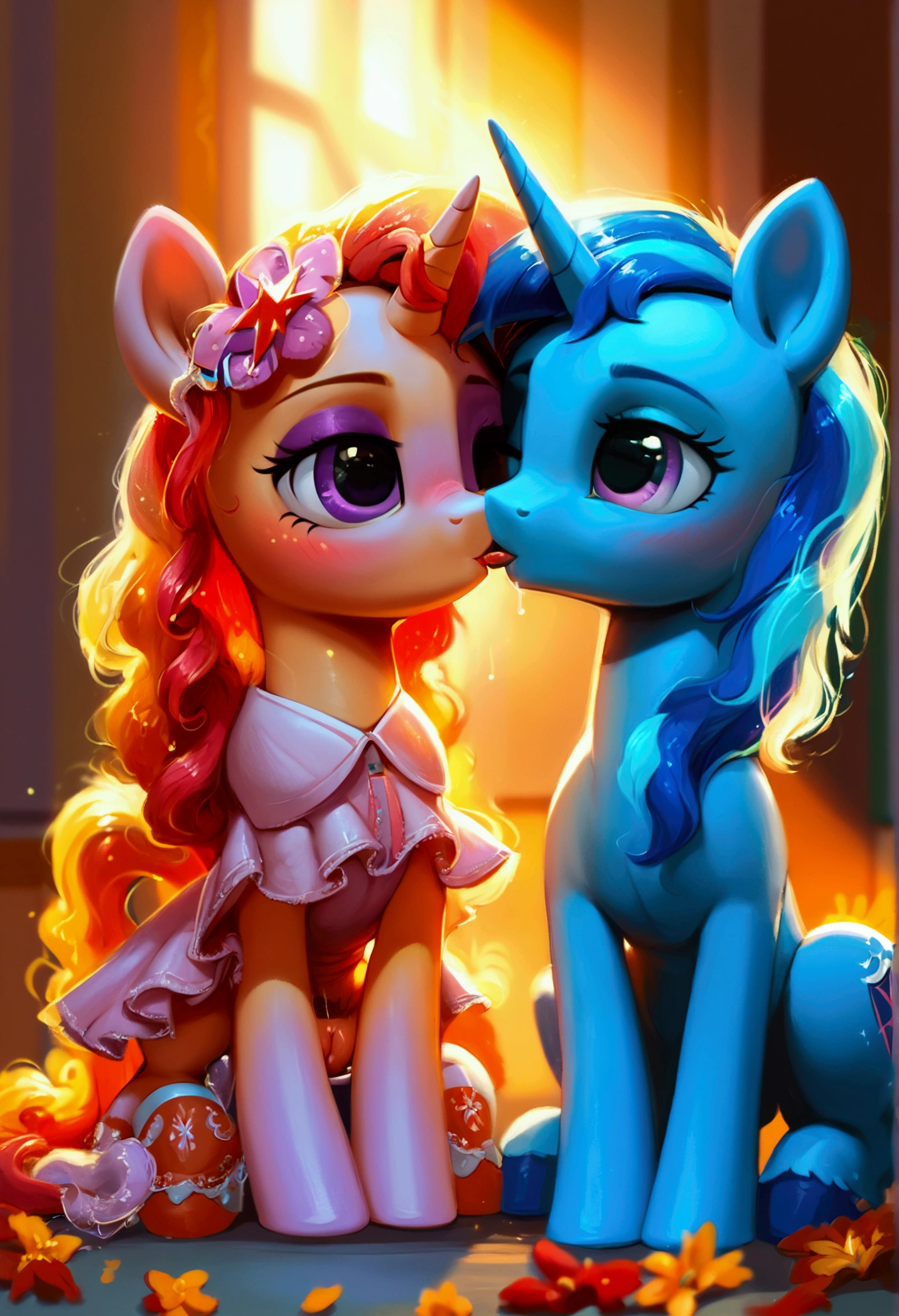 score_9,score_8_up,score_7_up,score_6_up, ((my little pony)), ((school dress:1.6)), blush, eyeshadow, long eyelids, kiss with drools, duet, lot of bows, pussy after sex, patterned stockings, seductive perky big butt, behind view, ((shining armor)), ((twilight sparkle)), radiant lighting, vibrant colors, whimsical atmosphere, 8K, high resolution, highly detailed, masterpiece