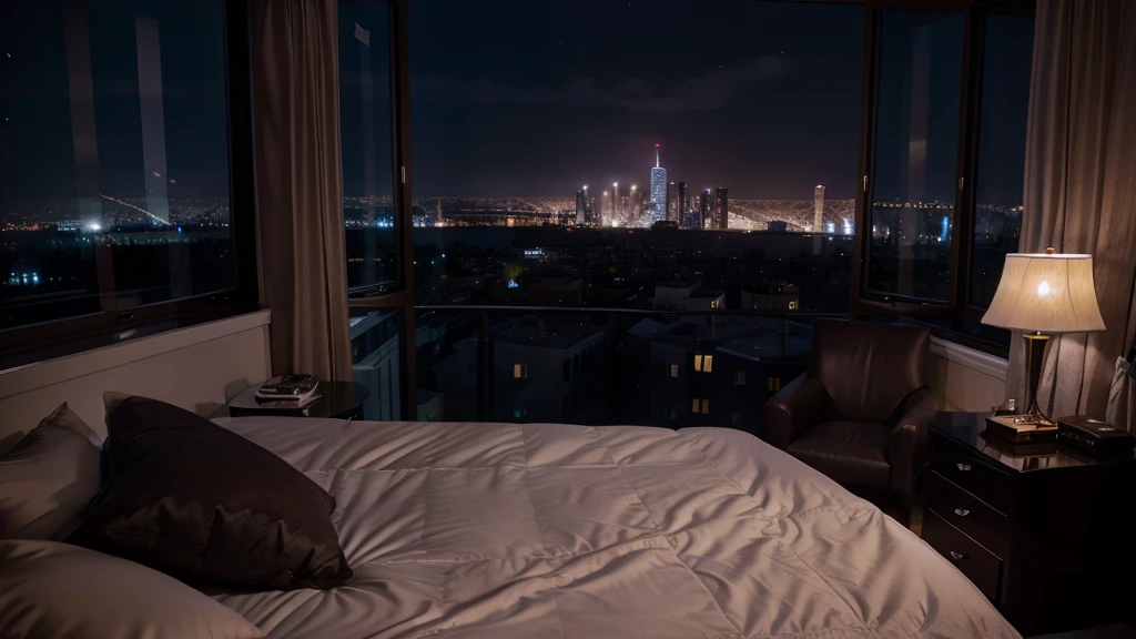 luxury bedroom night city view from a large windows
