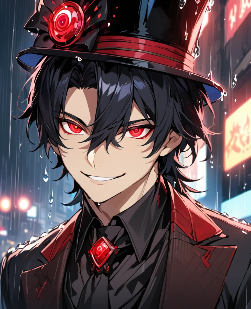 (black_hair), (deep_ruby_eyes), (detailed_eyes), (smile), (attractive), (street_background), (raining), (glowing_eyes), (male), (wearing _a_black_suit), (long_male_hair), (detailed_Hair), (detailed), (detailed_mouth), (top_hat), (close_up), (adult)