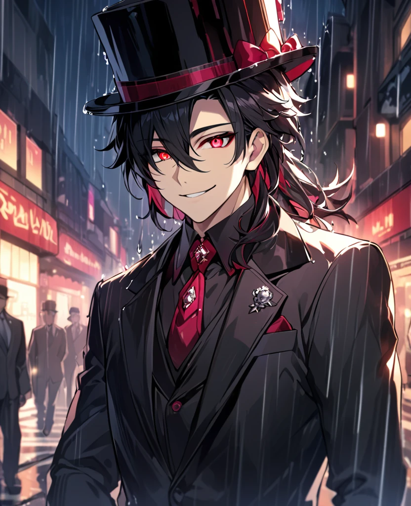  (black_hair), (deep_ruby_eyes), (detailed_eyes), (smile), (attractive), (street_background), (raining), (glowing_eyes), (male), (wearing _a_black_suit), (long_male_hair), (detailed_Hair), (detailed), (detailed_mouth), (top_hat), (close_up), (adult)