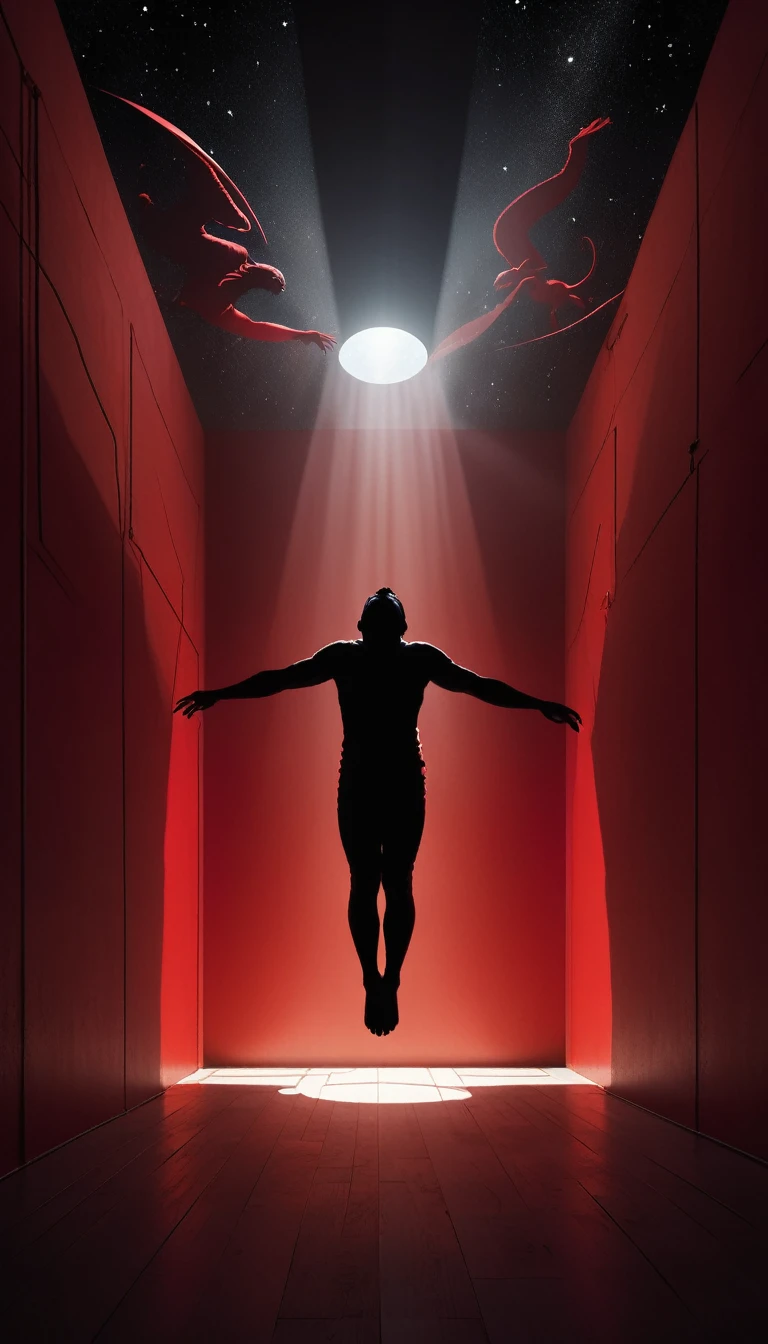 digital illustration, featuring a lateral angle of a centered silhouetted man figure Suspended in mid-air in fetal position. In the background a red wall a wall from which arms of dark creatures come out trying to reach the man. A beam of bright, white light shines down through the top, illuminating the center of the scene. The overall atmosphere is mysterious and otherworldly, with a stark contrast between the dark surroundings and the intense light from above. conceptual image